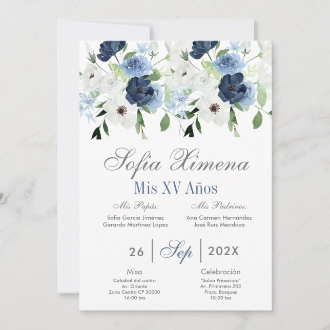 Invitation Floral marin espagnol Quinceanera (Devant)