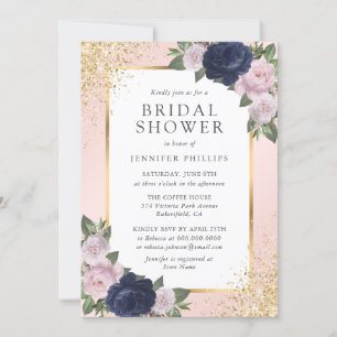 Invitation Floral Marine Bleu Blush Fête des mariées or rose