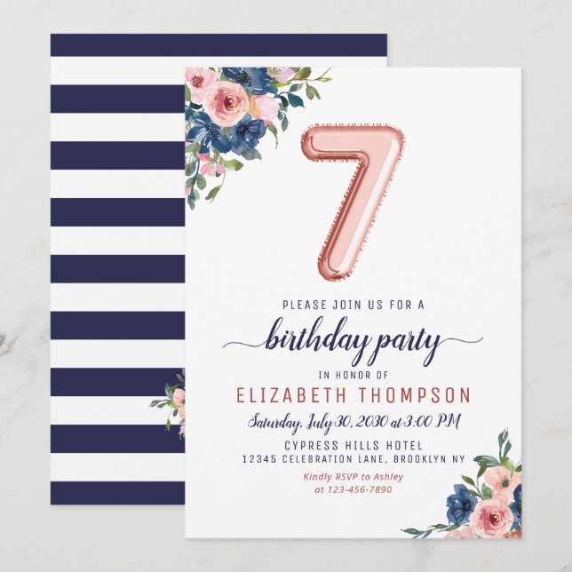 Invitation Floral Marine Blush Rose Gold Balloon 7e anniversa (Devant / Derrière)