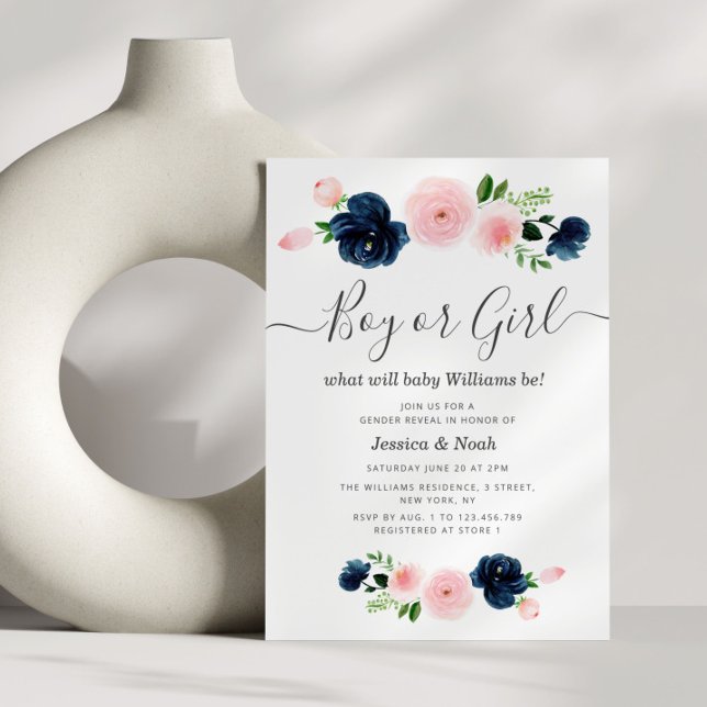 Invitation floral marine et blush bébé genre révéler (Créateur téléchargé)