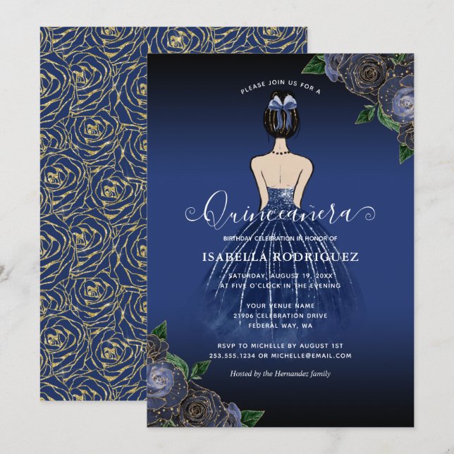 Invitation Floral Marine Princess Gold Anniversaire Quinceañe (Devant / Derrière)