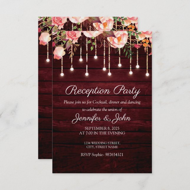 Invitation Floral Maroon Bois Rustique Mariage Réception (Devant / Derrière)