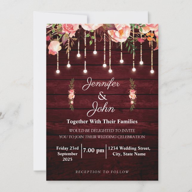 Invitation Floral Maroon en bois Mariage rustique (Devant)