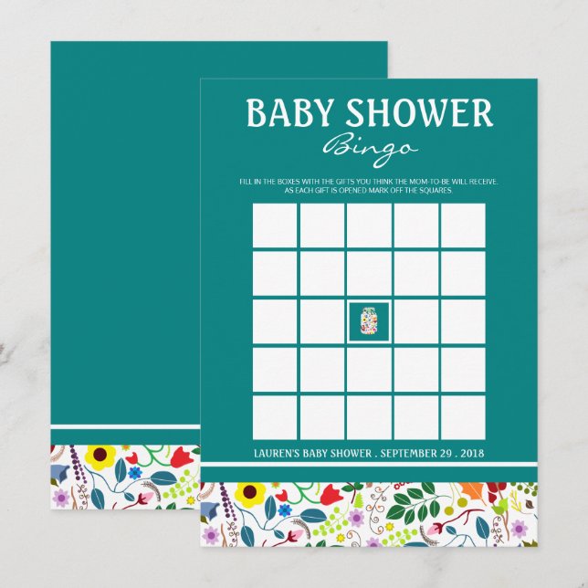 Invitation Floral Mason Jar Baby shower Bingo (Devant / Derrière)