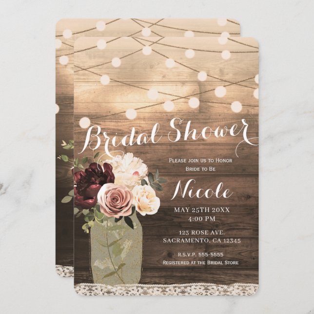 Invitation Floral Mason Jar & Lights Rustic Country Bride (Devant / Derrière)