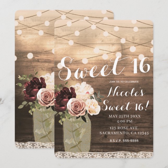 Invitation Floral Mason Jar & Lights Rustic Country Sweet 16 (Devant / Derrière)