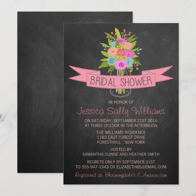 Invitation Floral Mason Jar Sur Chalkboard Fête des mariées (Devant / Derrière)