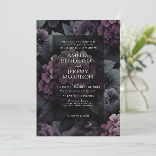 Invitation Floral mauve avec code QR (Debout devant)