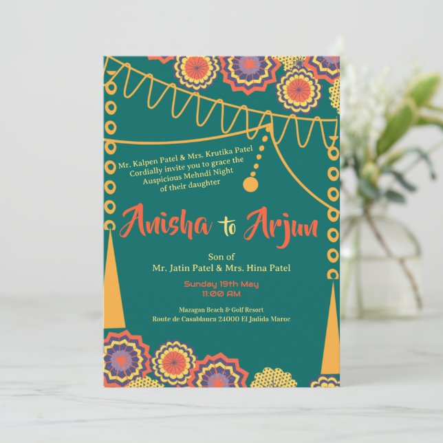 Invitation Floral Mehndi Night Ceremony Indian Wedding  (Debout devant)