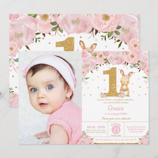 Invitation Floral mignonne lapin lapin fille 1er anniversaire (Devant / Derrière)