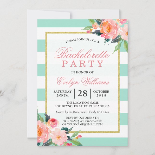 Invitation Floral Mint Green Stripes Gold Bachelorette (Devant)