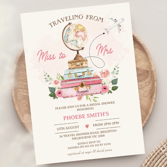 Invitation Floral Miss À Mme Travel Fête des mariées À Thème (Travel Themed Bridal Shower Invitation Traveling From Miss to Mrs Bridal Shower Invite World Globe)