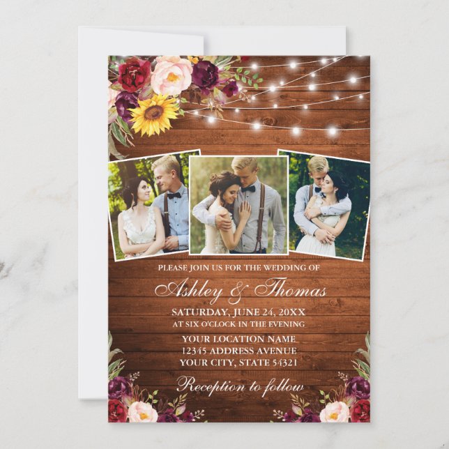 Invitation Floral mixte rustique 3 Photo Mariage Lumières en  (Devant)