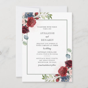 Invitation Floral moderne Dusty Blue Bourgogne Mariage de feu