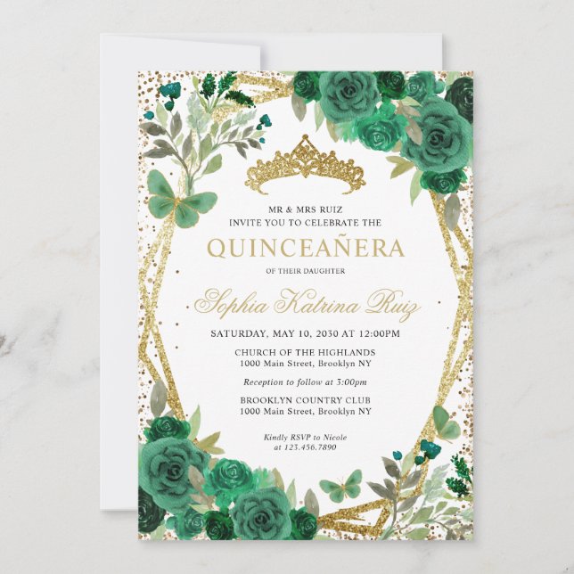 Invitation Floral moderne Emerald Vert Or Tiara Quinceañera (Devant)