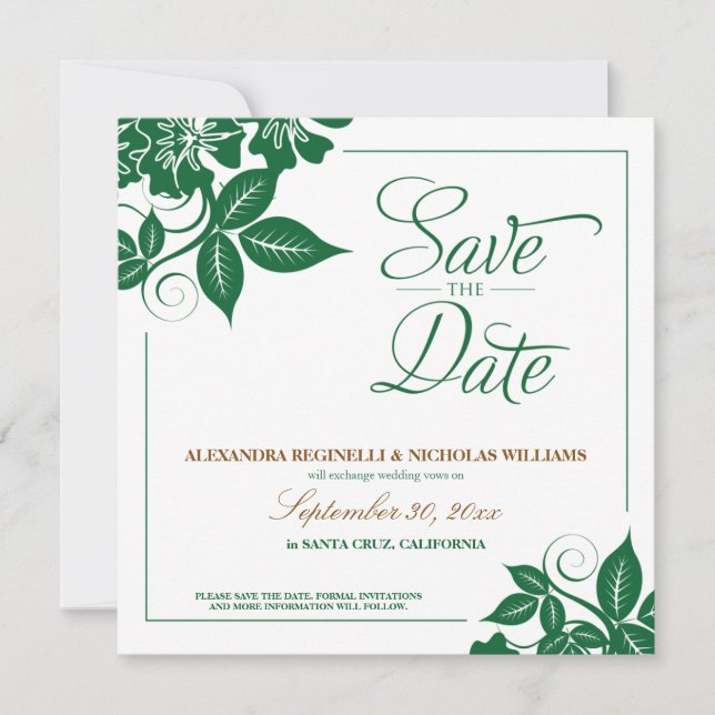 Invitation Floral moderne Enregistrer la date Annonce (vert) (Devant)