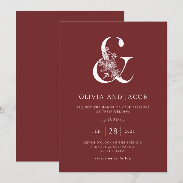 Invitation Floral moderne | Mariage de Burgundy Ampersand (Devant / Derrière)