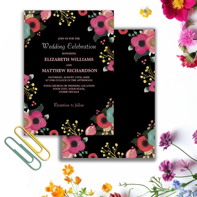 Invitation Floral moderne noir | Rose | Mariage Turquoise (Créateur téléchargé)