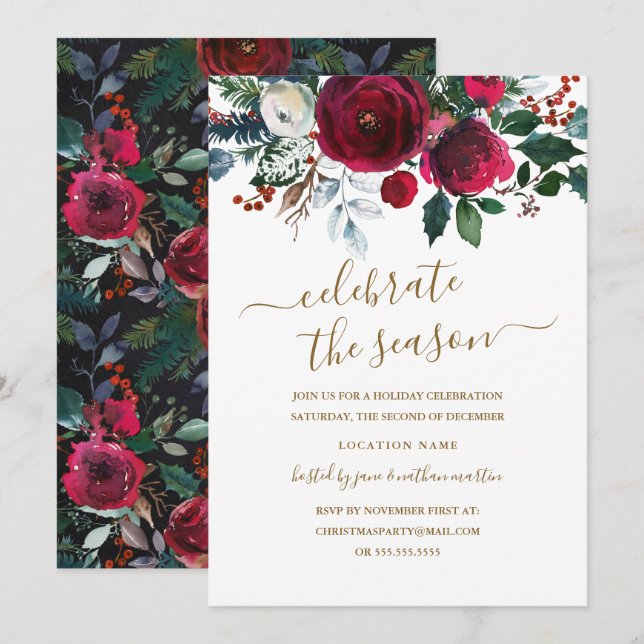 Invitation Floral moderne Rouge Bourgogne Gold Fête (Devant / Derrière)