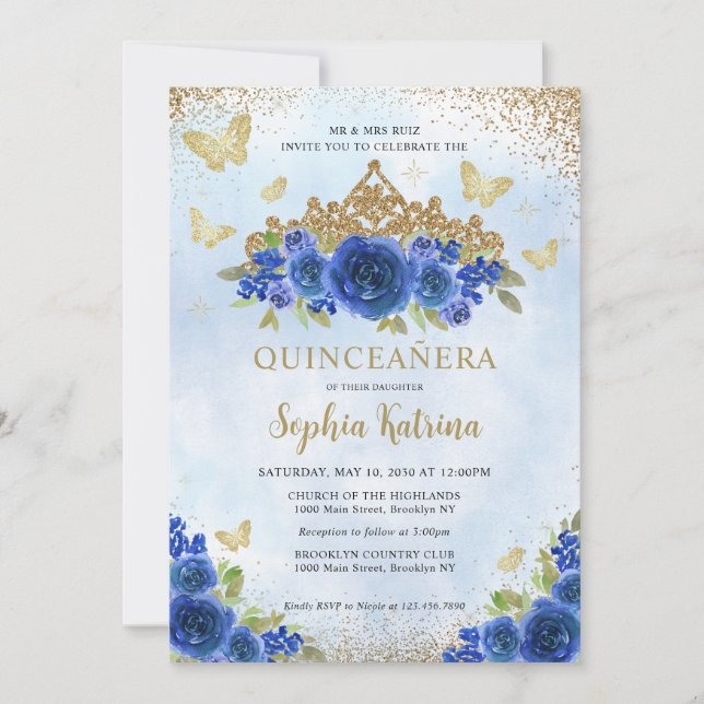 Invitation Floral moderne Royal Blue Gold Tiara Quinceañera (Devant)