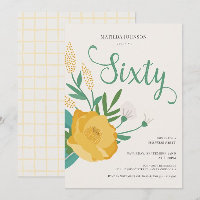 Invitation Floral moderne Surprise 60e anniversaire fête (Devant / Derrière)