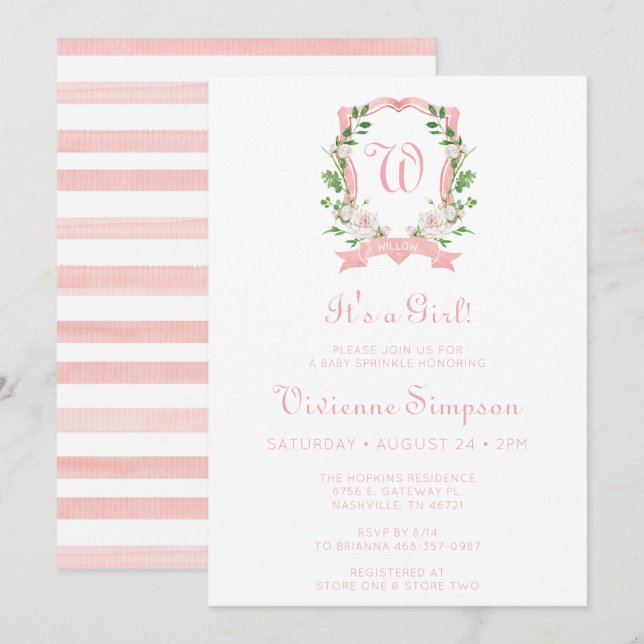 Invitation Floral Monogrammed Crest C'est une fille de bébé a (Devant / Derrière)