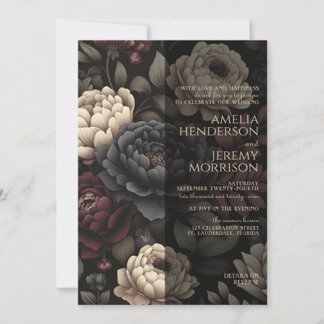 Invitation Floral Moody bleu marine et bordeaux avec code QR (Devant)