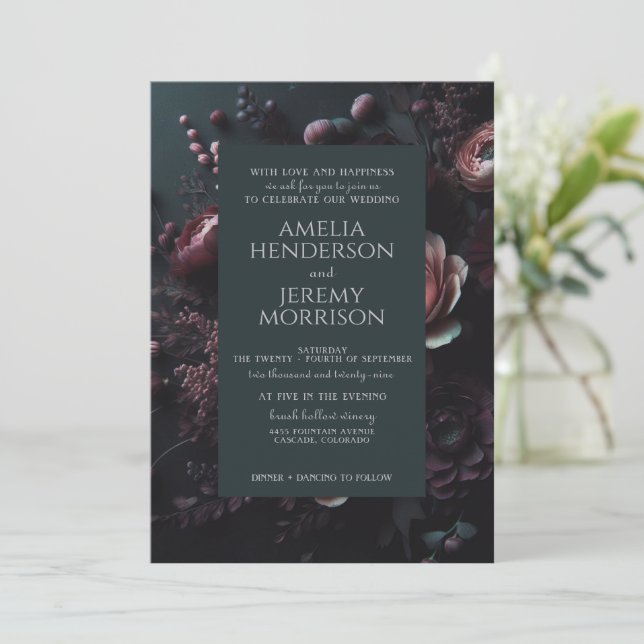 Invitation Floral Moody foncé avec code QR (Debout devant)