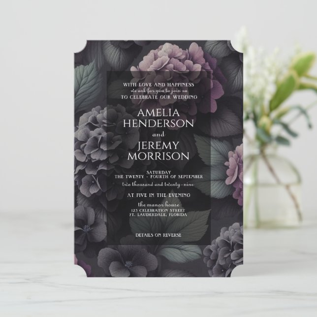 Invitation Floral Moody noir et violet avec détails (Debout devant)