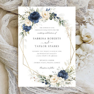 Invitation Floral Navy Bleu Blanc Vert Mariage or