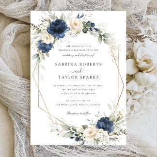 Invitation Floral Navy Bleu Blanc Vert Mariage or