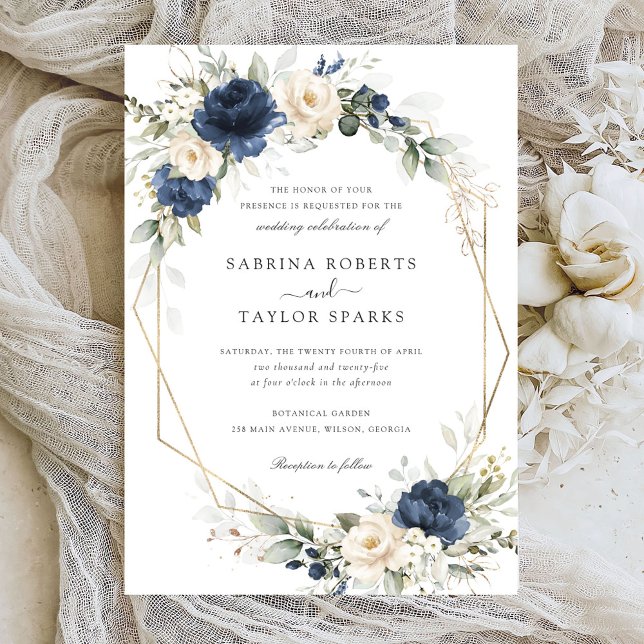 Invitation Floral Navy Bleu Blanc Vert Mariage or (Créateur téléchargé)