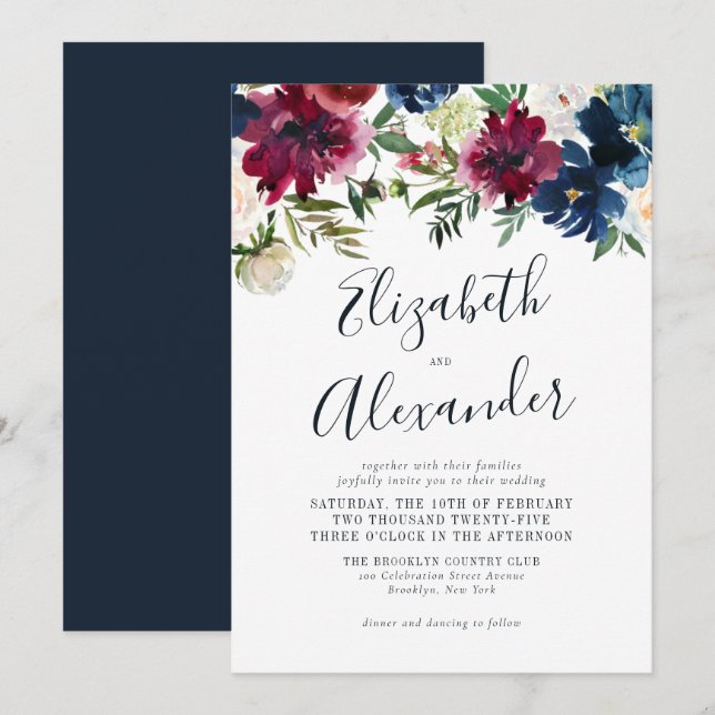 Invitation Floral Navy Bleu Bourgogne Élégant Mariage Script (Devant / Derrière)