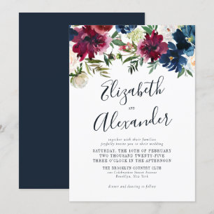 Invitation Floral Navy Bleu Bourgogne Élégant Mariage Script