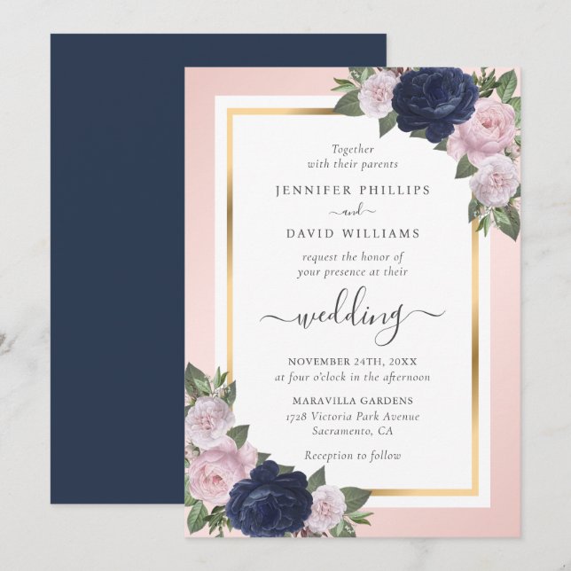 Invitation Floral Navy Blue Blush Gold Calligraphy Mariage (Devant / Derrière)
