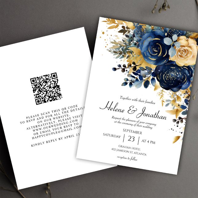 Invitation Floral Navy Blue Gold Garden Mariage élégant (Floral Navy Blue Gold Garden Elegant Wedding Invitation)