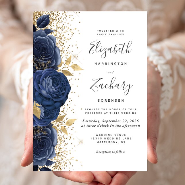 Invitation Floral Navy Blue Gold Mariage blanc (Créateur téléchargé)