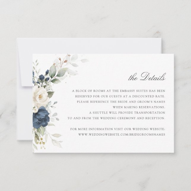 Invitation Floral Navy Blue Greenery Détails du Mariage Insér (Devant)