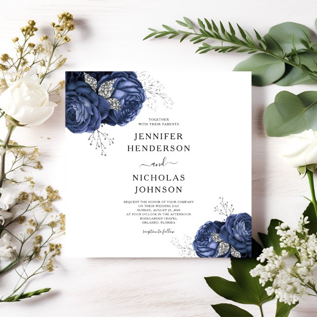 Invitation Floral Navy Blue Peonies Mariage élégant (Floral Navy Blue Peonies Elegant Wedding Invitation)