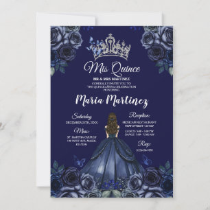 Invitation Floral Navy Blue Princess Silver Mis Quince