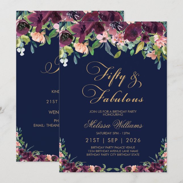 Invitation Floral Navy Cinquante et fabuleux 50e anniversaire (Devant / Derrière)