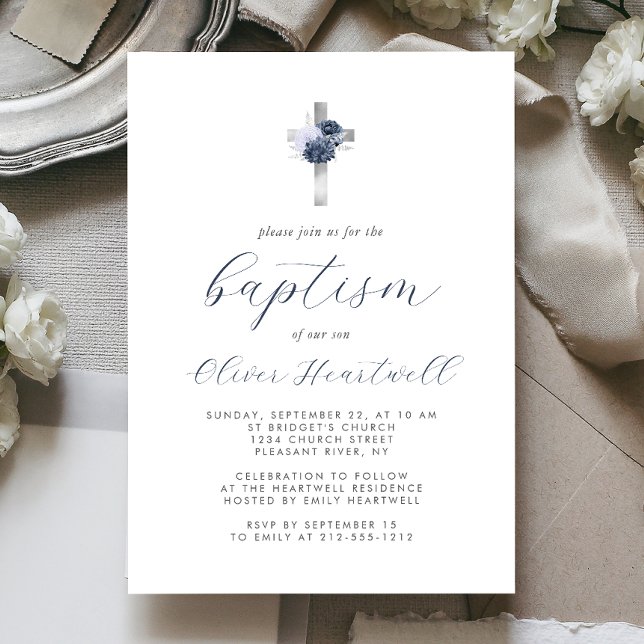 Invitation Floral Navy Dusty Blue Silver Cross Boys Baptême (Créateur téléchargé)