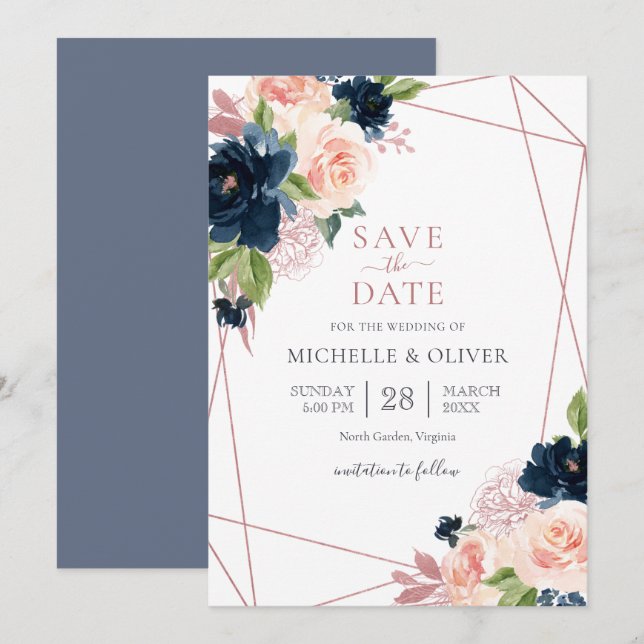 Invitation Floral Navy et Blush Géométrique Enregistrer la da (Devant / Derrière)