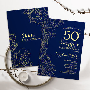 Invitation Floral Navy Gold Surprise 50e anniversaire