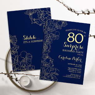 Invitation Floral Navy Gold Surprise 80e fête d'anniversaire