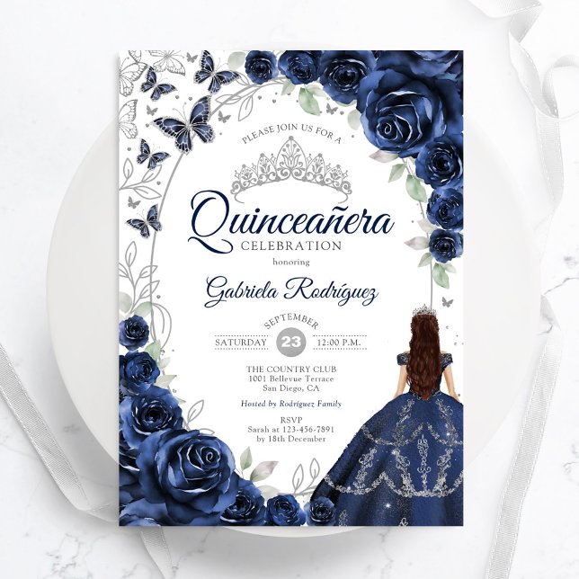 Invitation Floral Navy Silver Quinceanera (Créateur téléchargé)