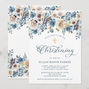 Invitation Floral neutre et bleu   Christening pour garçon ou