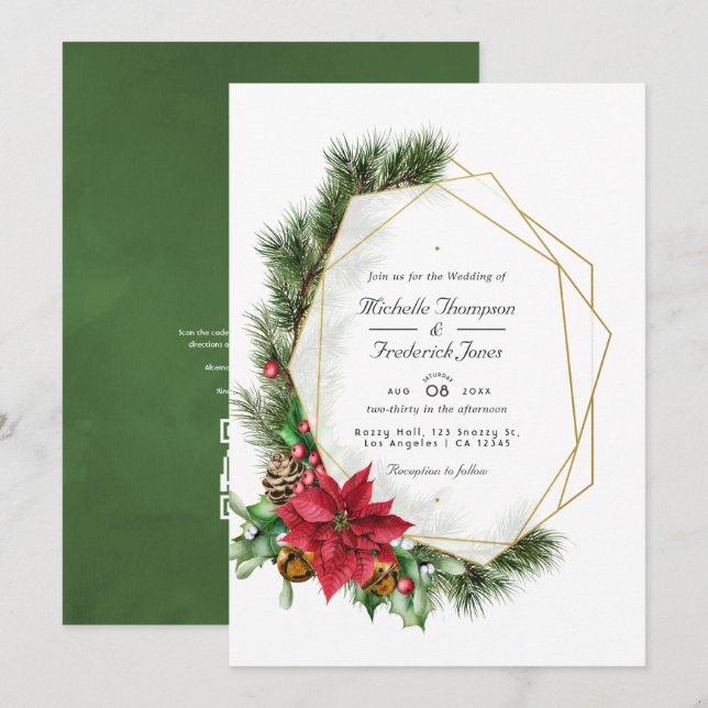 Invitation Floral Noël géométrique QR Code RSVP Mariage (Devant / Derrière)
