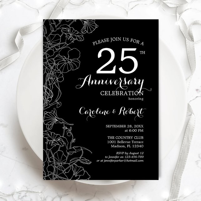 Invitation Floral noir blanc 25e anniversaire (Créateur téléchargé)