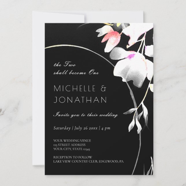 Invitation Floral noir & blanc moderne Mariage inspiré (Devant)